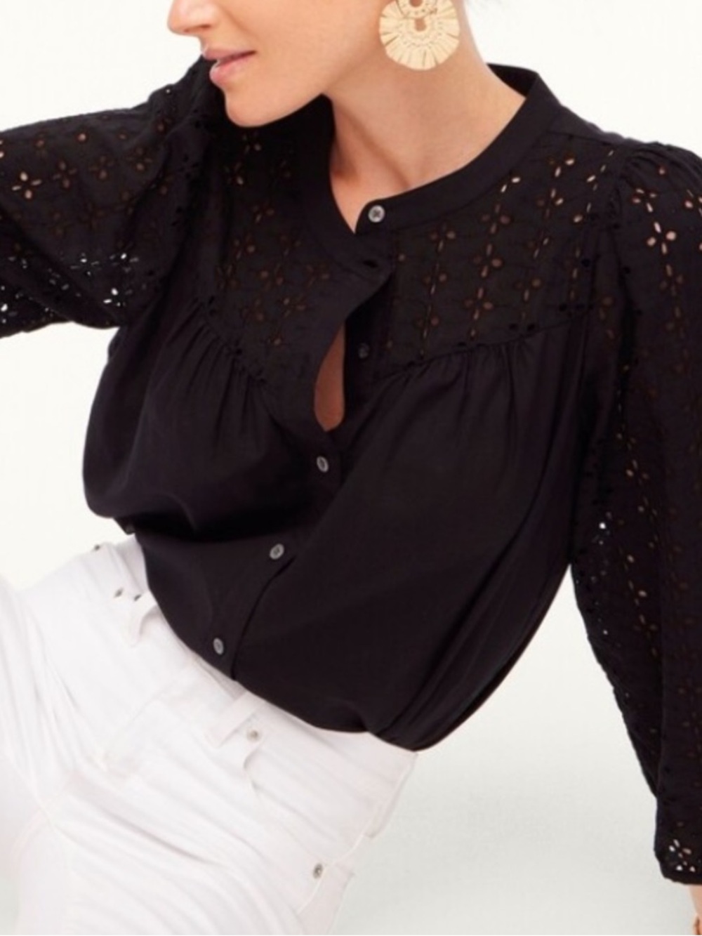 J. Crew Mixed Media Button Down Top in Black